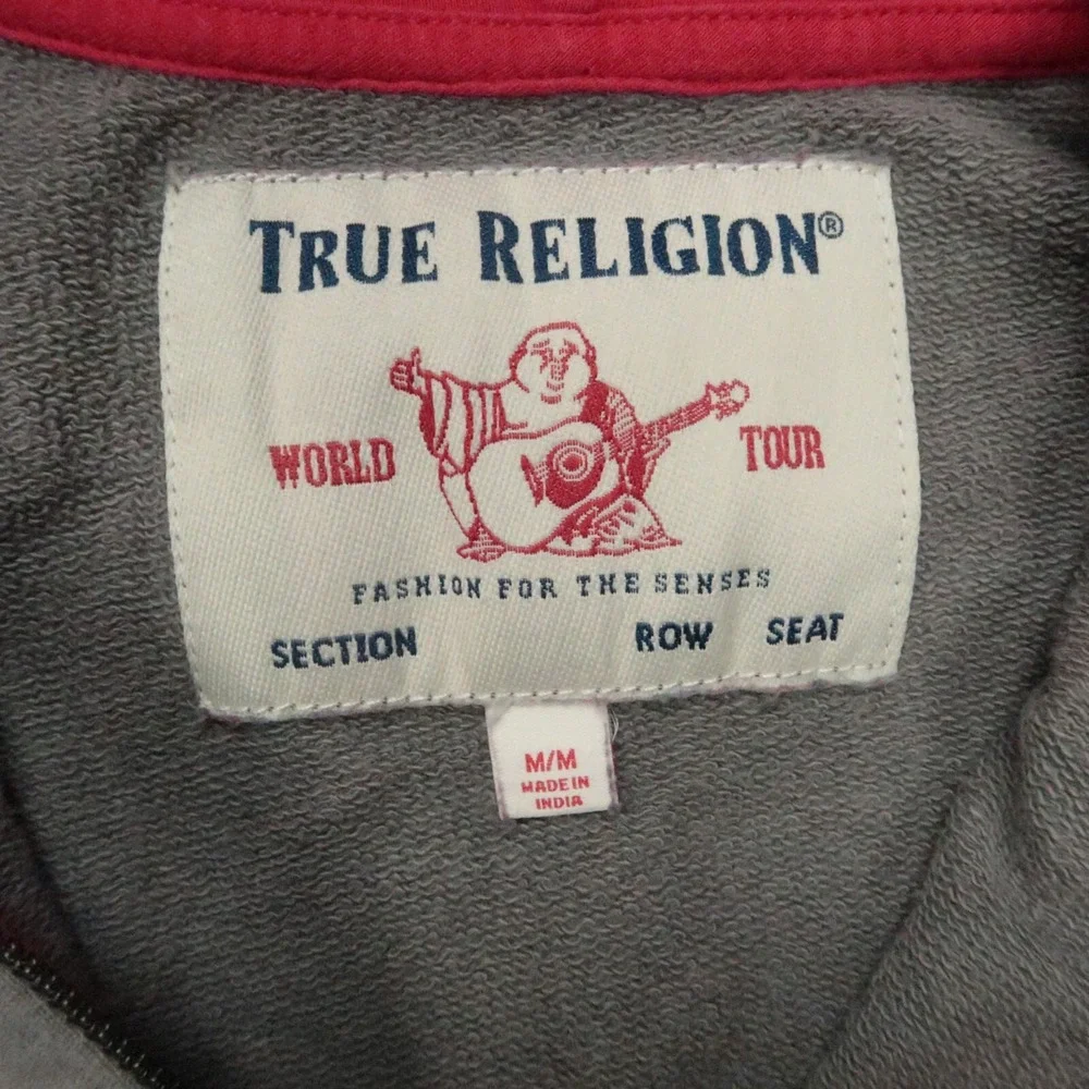 True Religion Hoodie Mens Medium Red Blue Chevron Full Zip Pockets Hooded Jacket